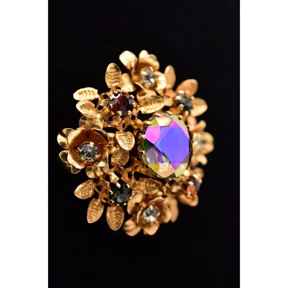 Vintage Austrian Crystal Pin Brooch Flower Gold Tone Aurora Borealis 1960s BinBI